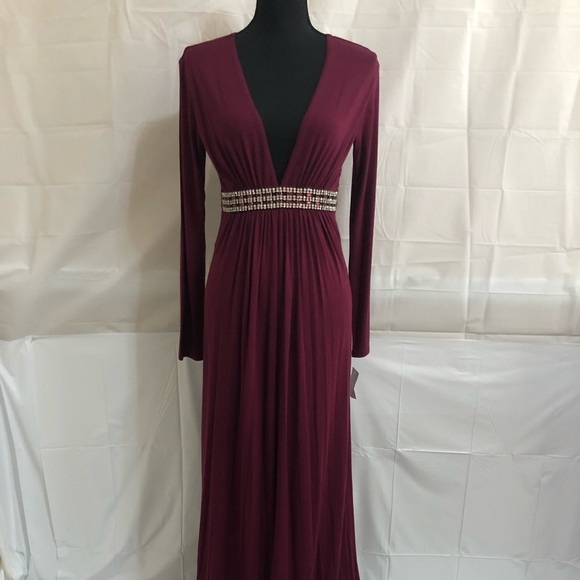 SKY Low-cut V-neck Long Sleeve Maxi Dress Burgundy Size XS - Picture 3 of 9